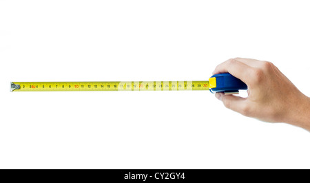 human hand with tape-measure isolated on white Stock Photo
