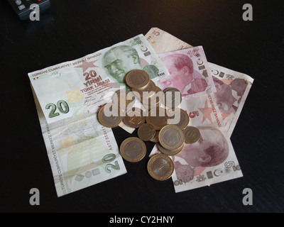 Turkish currency banknotes and coins of different values, lira and kurus Stock Photo