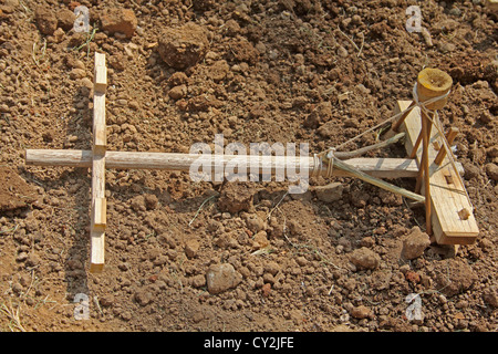 Model of a traditional wooden plough, India Stock Photo