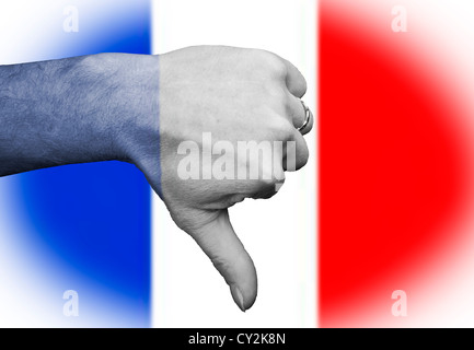 Thumbs down to the French France, sporting metaphor in rugby football all national sports team and derogatory slur to its people Stock Photo