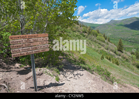 Utah, Sundance Resort, summer view from top of chair lift, trail sign Stock Photo