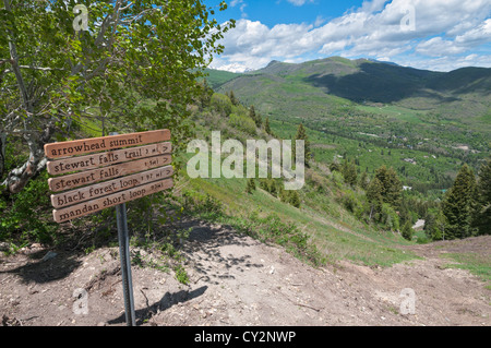 Utah, Sundance Resort, summer view from top of chair lift, trail sign Stock Photo