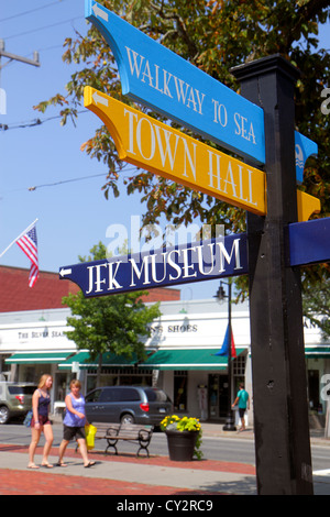 Cape Cod Massachusetts,Hyannis,Main Street,sign,JFK Museum,John F. Kennedy Hyannis Museum,street scene,MA120817022 Stock Photo