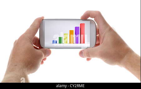 Hand holding modern mobile smart phone with success growth chart on screen. Isolated on white. Stock Photo