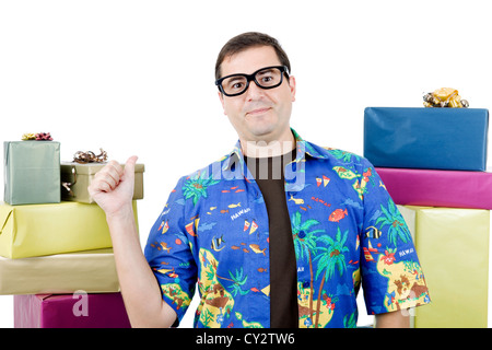 happy silly salesman with some boxes, isolated on white Stock Photo