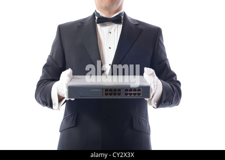 smart dressed man holding network switch Stock Photo