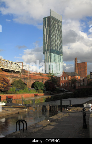 Modern Multi-Storey Hotel and apartment building overlooking historic Castlefield in Manchester UK. Stock Photo