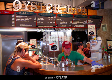 Boston Massachusetts,Faneiul Hall Marketplace,Quincy Market,seafood,Oyster Bar,clam,chowder,food,vendor vendors stall stalls booth market marketplace, Stock Photo