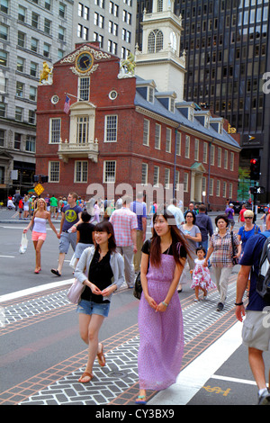 Boston Massachusetts,Washington Street,The Freedom Trail,Old State House,historic building,Asian Asians ethnic immigrant immigrants minority,adult adu Stock Photo