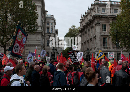 TUC March -- 20 October 2012 -- Protesters marched past Downing Street on their way to Hyde Park, London. Stock Photo