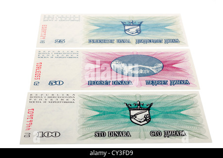 Bosnia Herzegovina 25 50 100 Dinara banknotes Stock Photo