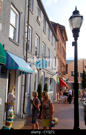 Portland Maine,historic Old Port District,Fore Street,businesses,district,signs,shopping shopper shoppers shop shops market markets marketplace buying Stock Photo
