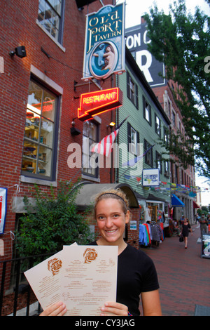 Portland Maine,historic Old Port District,Moulton Street,Old Port Tavern,restaurant restaurants food dining cafe cafes,hostess,menu,ME120824040 Stock Photo