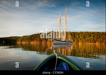 The historic tall ship 'Zodiac' anchors in a small harbor off Shaw Island in the San Juan Islands of Washington State, USA. Stock Photo