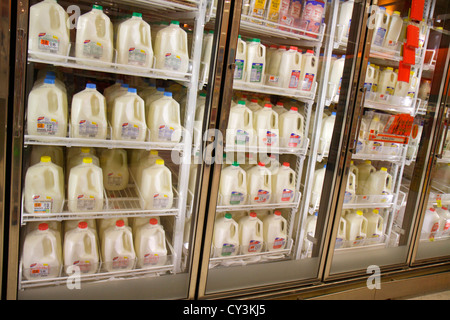 Portland Maine,Scarborough,Shaw's,grocery store,supermarket,display case sale,brands,dairy products,milk,containers,refrigerated case,ME120826103 Stock Photo