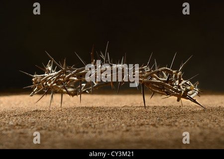 Crown of thorns laying on sand over dark background Stock Photo