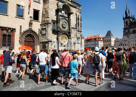 Tourists in Old Town Square in Prague, Czech Republic Stock Photo