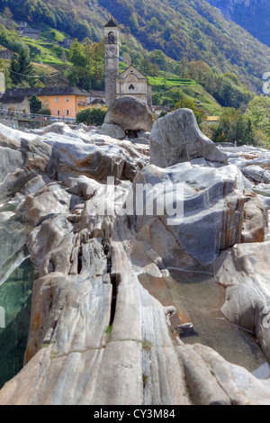 Lavertezzo and the river Verzasca in Ticino, Switzerland Stock Photo