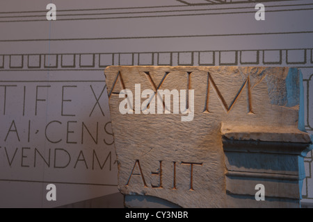 latin inscription carved in stone, Roman ruins of Segobriga, near Stock ...