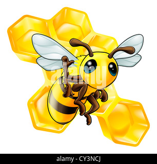 A cute cartoon waving bee with some honeycomb in the background Stock Photo