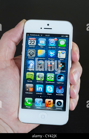 Detail of new iPhone5 smart phone screen showing many homescreen apps Stock Photo