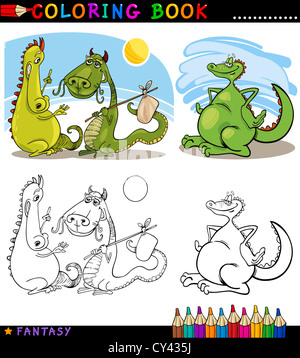 Coloring Book or Page Cartoon Illustration of Dragons Fairytale Characters Stock Photo