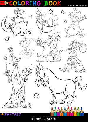 Coloring Book or Page Cartoon Illustration of Wizard and Dwarf and Unicorn and Dragon Fairytale Fantasy Characters Stock Photo