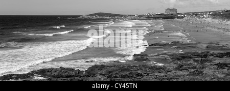 Black and White panoramic image, Fistral Surfing beach, Newquay town; Cornwall County; England; UK Stock Photo