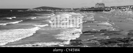Black and White panoramic image, Fistral Surfing beach, Newquay town; Cornwall County; England; UK Stock Photo