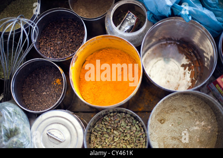 A box of spices used by Wazas or cooks in the Wazwan tradition for a Wazwan feast. Srinagar, Kashmir, India Stock Photo