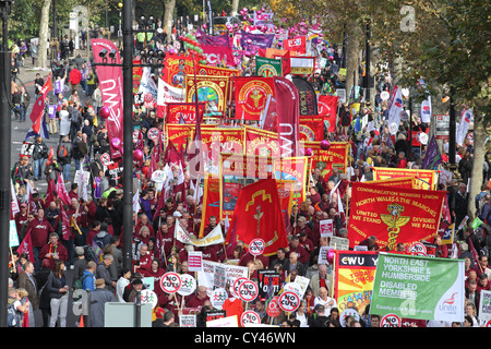 'A Future That Works' TUC organized march and rally, Victoria Embankment, London,UK. Protest cuts austerity mass gathering union Stock Photo