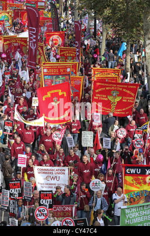 'A Future That Works' TUC organized march and rally, Victoria Embankment, London,UK. Protest cuts austerity mass gathering union Stock Photo