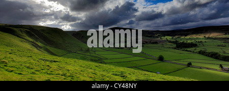 panoramic Hope Valley showing Mam Tor Lose Hill ridge, Castleton village, Peak District National Park, Derbyshire Dales, England Stock Photo