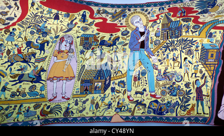 Grayson Perry Walthamstow Tapestry detail of child with doll figure and youth with switchblade knife at exhibition in London England UK   KATHY DEWIT Stock Photo