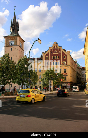 Karlovy Lazne and Lavka clock tower in Prague Stock Photo