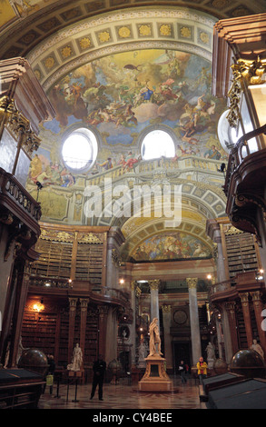 Floor to fresco view inside the Prunksaal Nationalbibliothek (Austrian National Library), Hofburg Palace, Vienna, Austria. Stock Photo