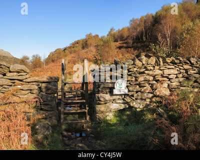 Sign for Llyndy Isaf farm by stile on path around Llyn Dinas in Snowdonia National Park valley Nantgwynant Wales UK Stock Photo