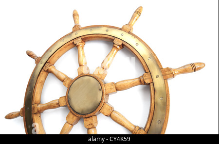 Old wooden steering wheel on white background Stock Photo