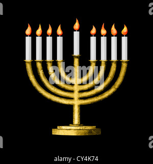 Hanukkah candles all candle lite on the traditional Hanukkah menorah on black Stock Photo