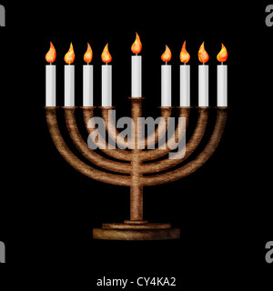 Hanukkah candles all candle lite on the traditional Hanukkah menorah isolated on black Stock Photo