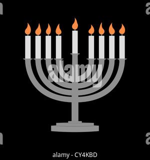 Hanukkah candles all candle lite on the traditional Hanukkah menorah - black background Stock Photo