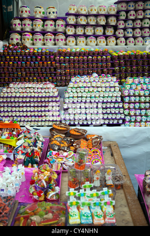 Sweet Calaveras -skulls - to celebrate Dia de los Muertos, on stall at Jamaica Market in Colonia Jamaica in Mexico City Stock Photo