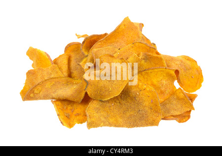 A small pile of fried sweet potato chips on a white background. Stock Photo