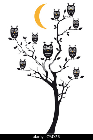 Owl bird on a tree branch. Ink black and white drawing Stock Photo - Alamy