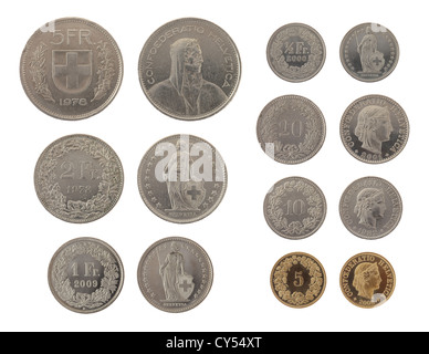 Set of Swiss Franc coins isolated on white Stock Photo