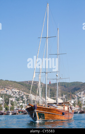 Sailing boat leaving Bodrum Marina , Turkey. Stock Photo