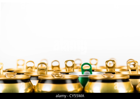 Already open beverage aluminum cans and one among them is different Stock Photo
