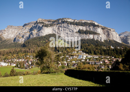 The Swiss mountain village town of Flims seen from the skilift in ...