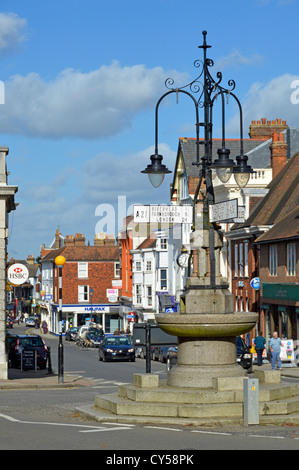 Fountain and signposts at junction of London Road and Sevenoaks shopping High Street Kent England UK Stock Photo