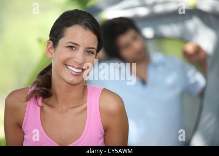 Waking up on a camping trip Stock Photo